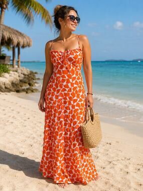 Women’s Orange & White Printed Maxi Dress Size M Rayon Blend Sleeveless